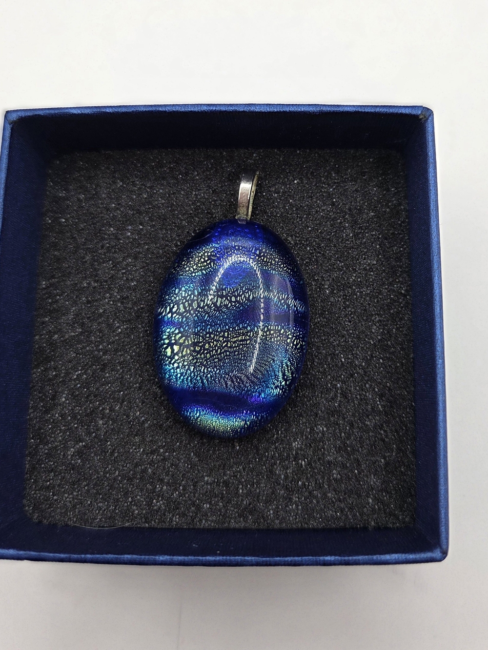 Blue Dichroic Glass Oval Pendant Necklace